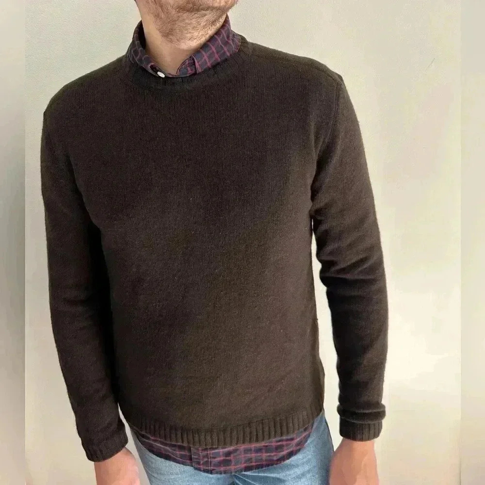 BANANA REPUBLIC WOOL CASHMERE Brown Crew neck elbow patch sweater M - Picture 2 of 10